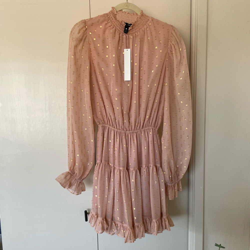 NWT Aqua Bloomingdales Pink Gold Polka Dot Long Sleeve Mini Dress S Wedding